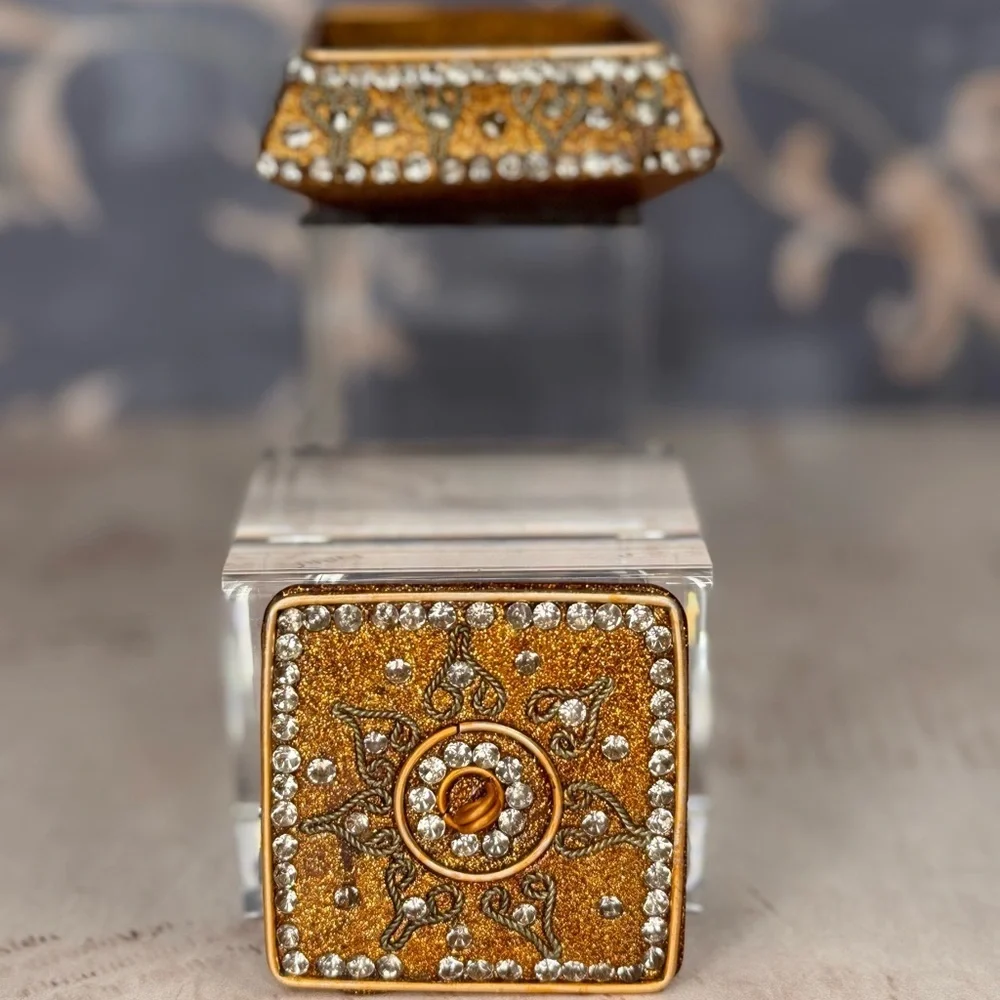 Vintage Gold Jeweled Trinket Box Rhinestone Enamel Square Ormolu Casket